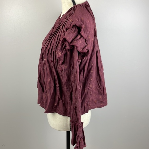 Versona Cropped Blouse SZ S Ruffle Sleeves Maroon with Gold Sparkles - Picture 7 of 11